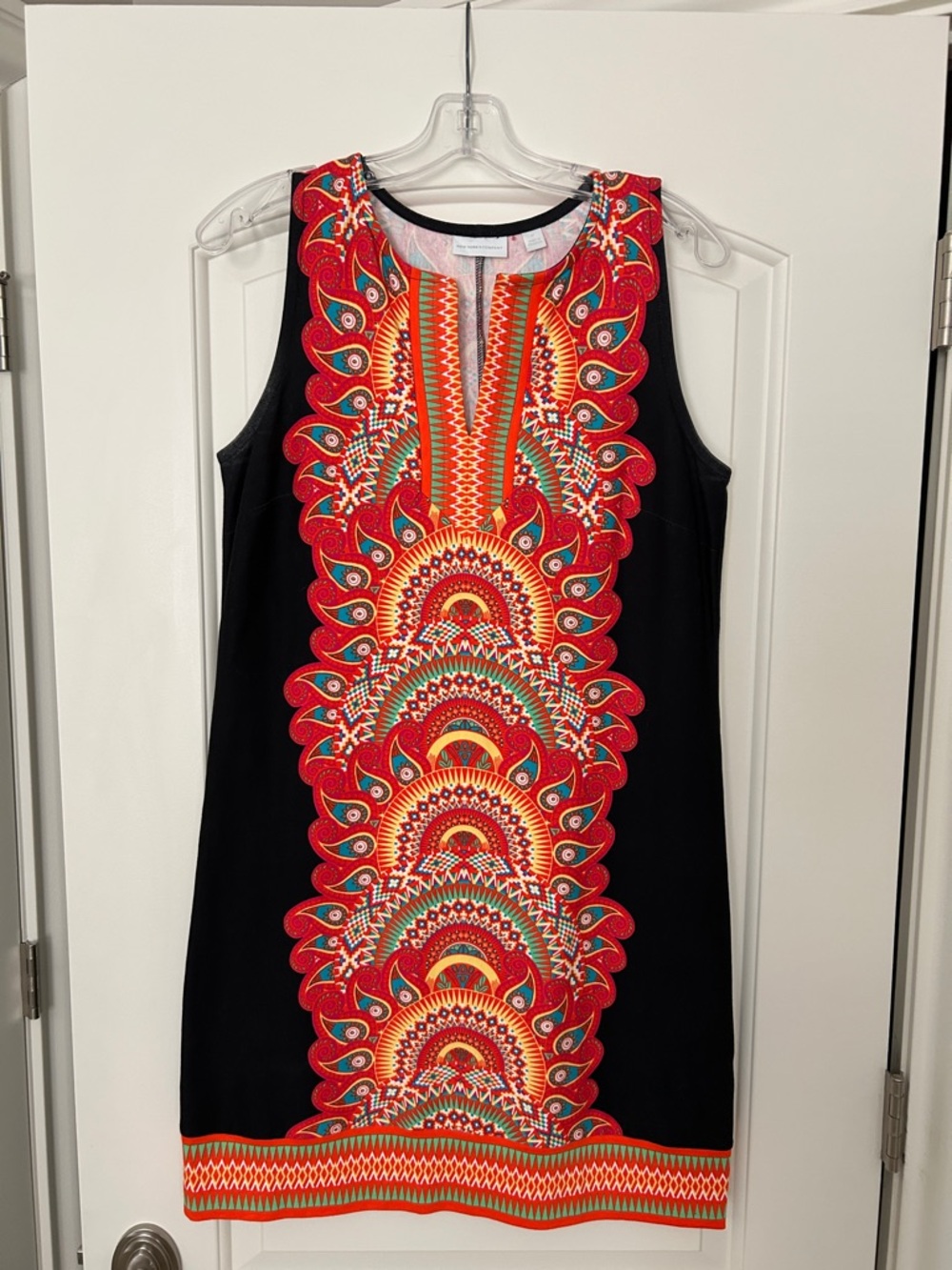 New York & Company Black Sleeveless Mini Dress with Red & Orange Ethnic Print